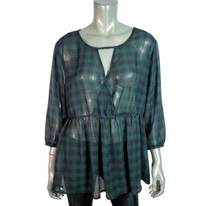 Torrid‎ Gingham Chiffon Surplice Peplum Blouse Plus Sz 1X Sheer 3/4 Sleeve Green